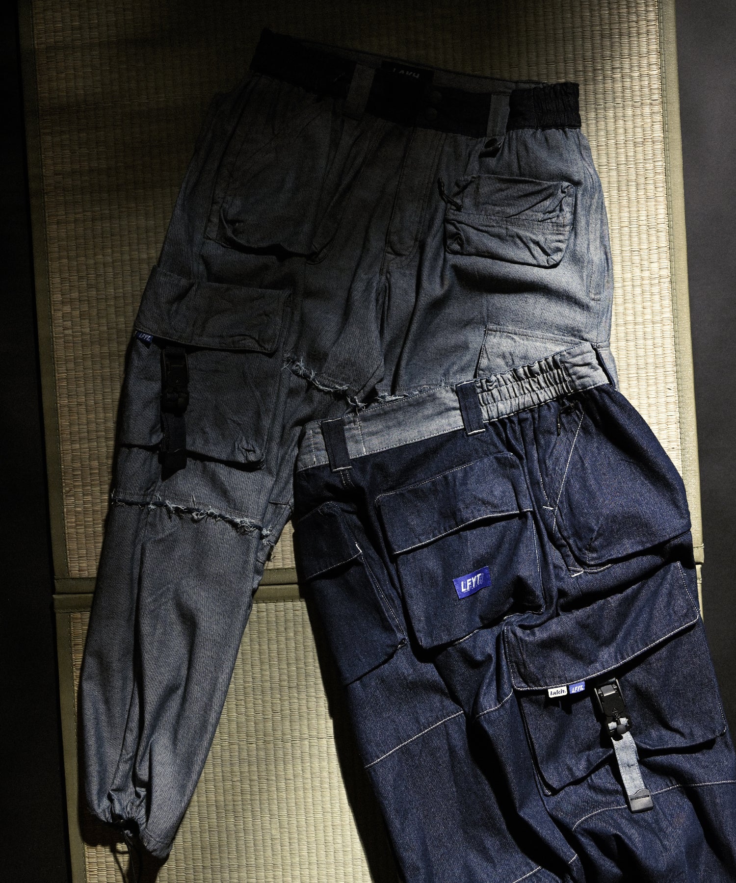 LFYT × LAKH - RECYCLED DENIM FUNCTIONAL TEN POCKETS CARGO PANTS "REVERSE" FTPC-LFYT BLUE